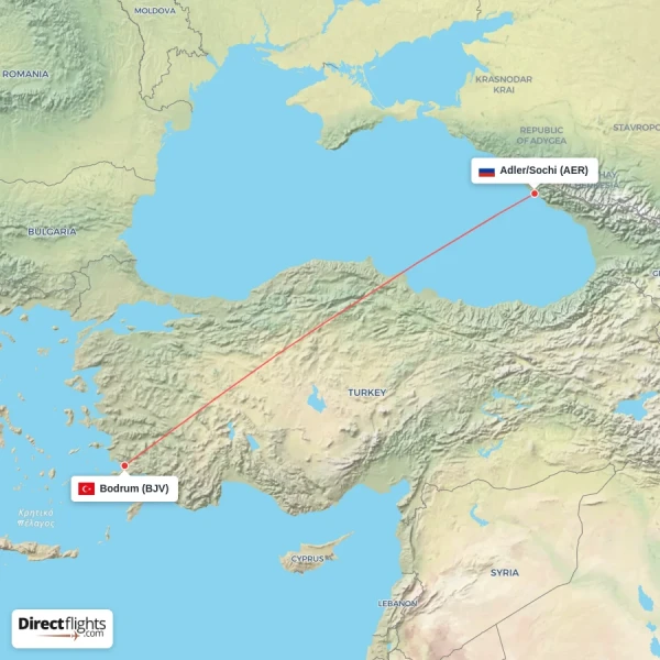 Bodrum - Adler/Sochi direct flight map