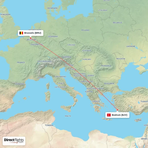 Bodrum - Brussels direct flight map