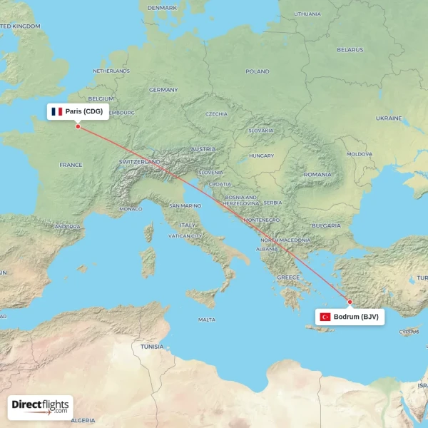 Bodrum - Paris direct flight map