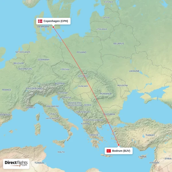 Bodrum - Copenhagen direct flight map