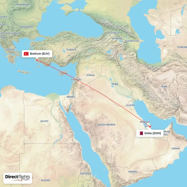 Bodrum - Doha direct flight map
