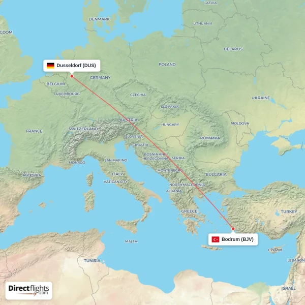 Bodrum - Dusseldorf direct flight map