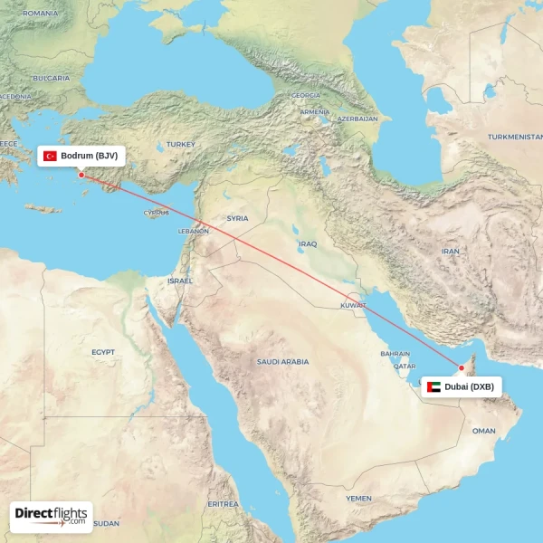 Bodrum - Dubai direct flight map