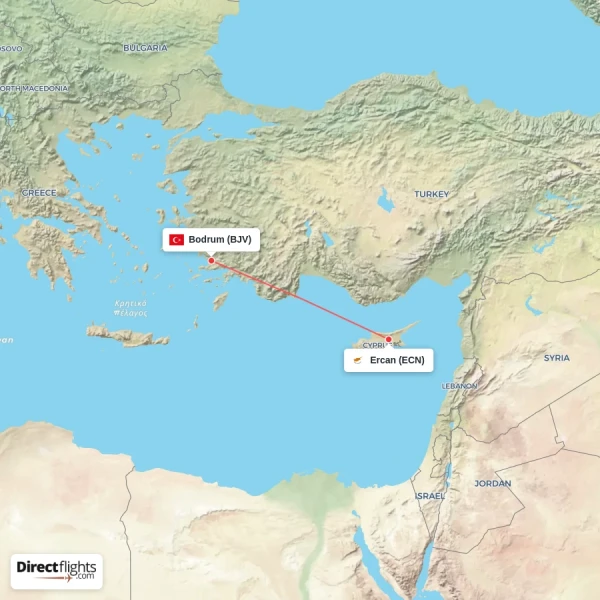 Bodrum - Ercan direct flight map