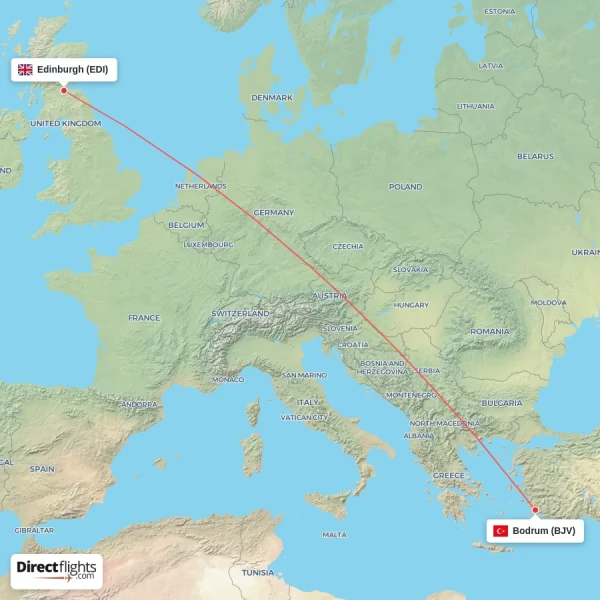 Bodrum - Edinburgh direct flight map