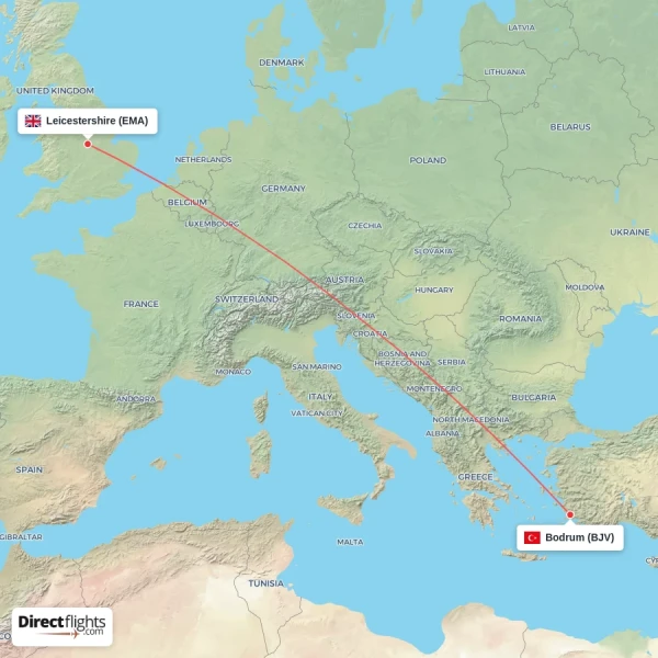 Bodrum - Leicestershire direct flight map