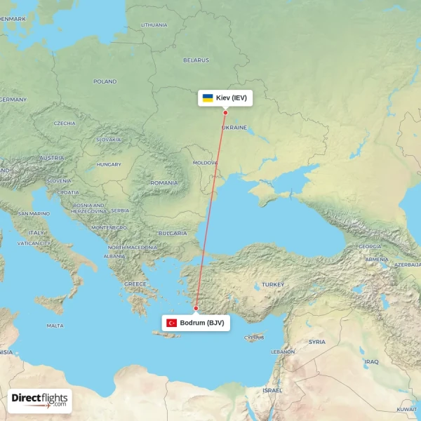 Bodrum - Kiev direct flight map