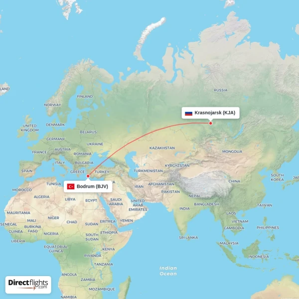 Bodrum - Krasnojarsk direct flight map