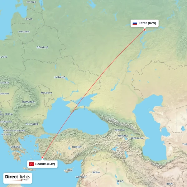 Bodrum - Kazan direct flight map