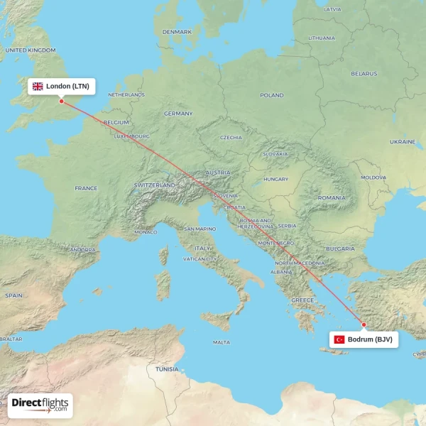 Bodrum - London direct flight map
