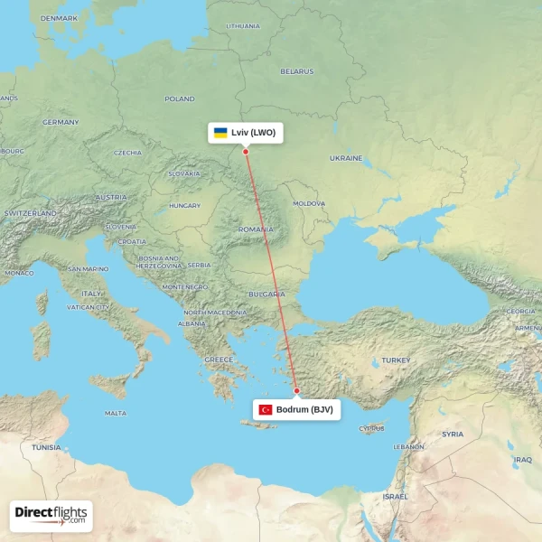 Bodrum - Lviv direct flight map