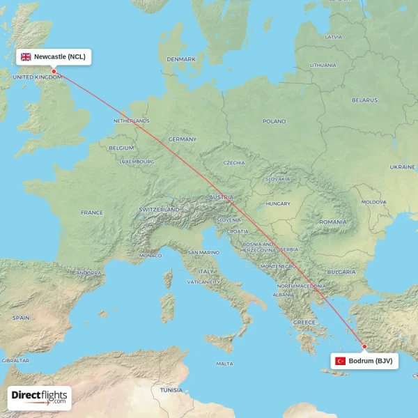 Bodrum - Newcastle direct flight map