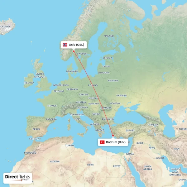 Bodrum - Oslo direct flight map