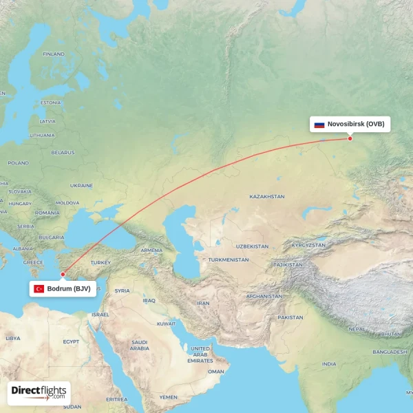 Bodrum - Novosibirsk direct flight map