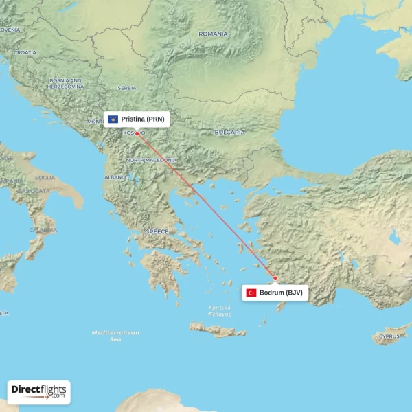 Bodrum - Pristina direct flight map