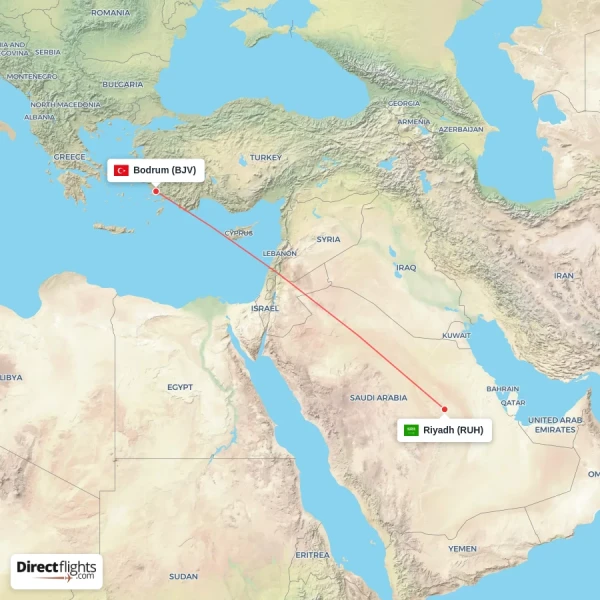 Bodrum - Riyadh direct flight map