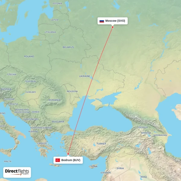 Bodrum - Moscow direct flight map