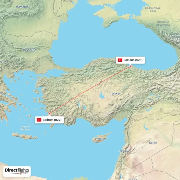 Bodrum - Samsun direct flight map
