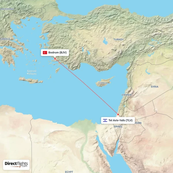 Bodrum - Tel Aviv-Yafo direct flight map