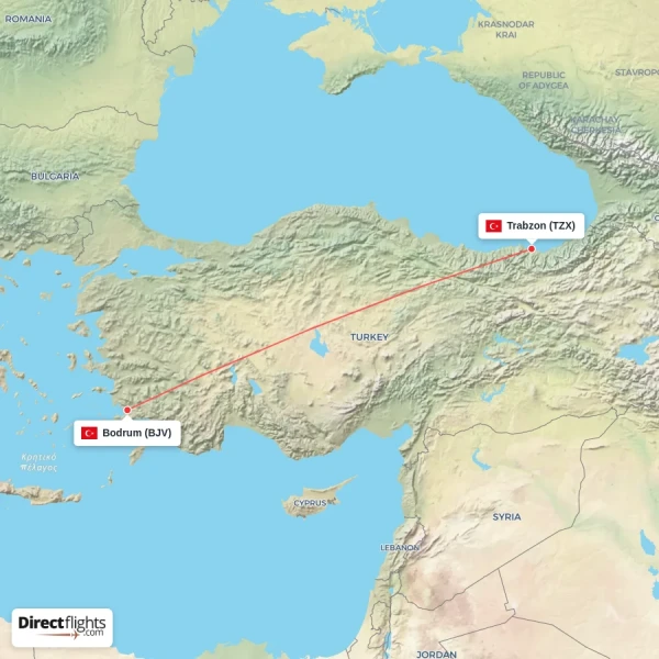 Bodrum - Trabzon direct flight map