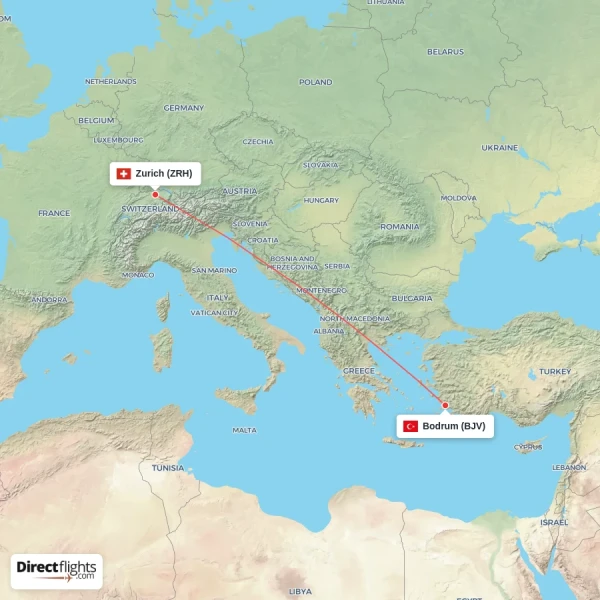 Bodrum - Zurich direct flight map