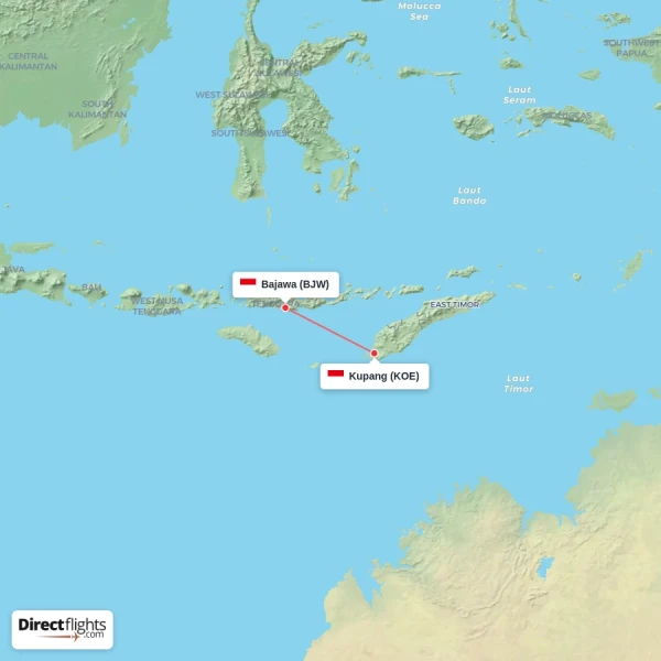 Bajawa - Kupang direct flight map