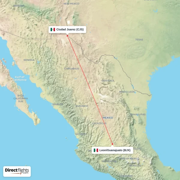 Leon/Guanajuato - Ciudad Juarez direct flight map