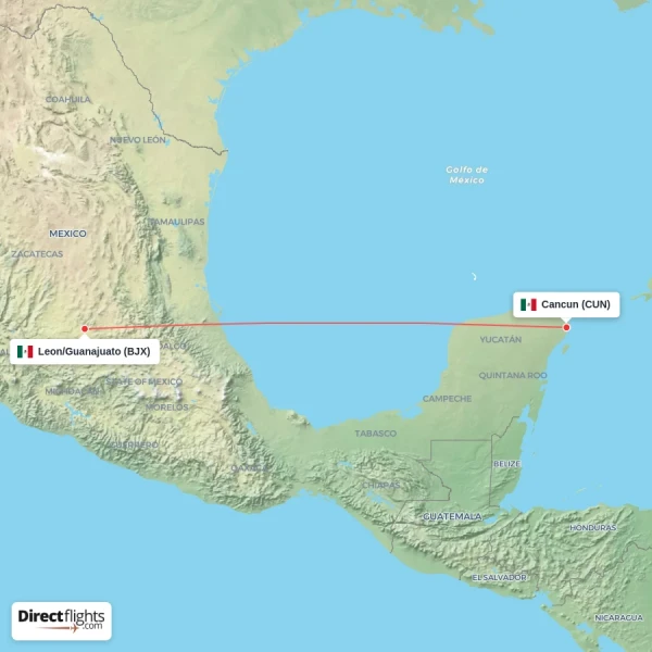 Leon/Guanajuato - Cancun direct flight map