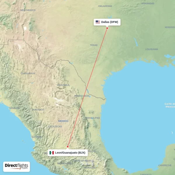 Leon/Guanajuato - Dallas direct flight map