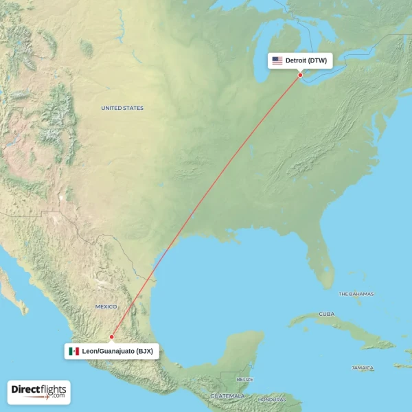 Leon/Guanajuato - Detroit direct flight map