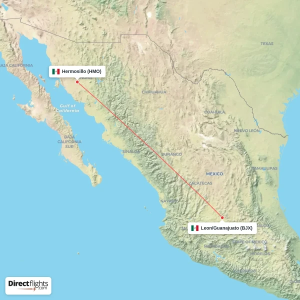 Leon/Guanajuato - Hermosillo direct flight map