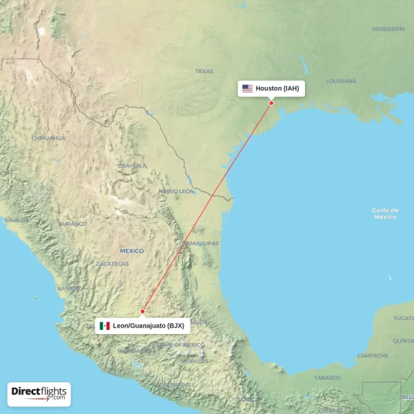 Leon/Guanajuato - Houston direct flight map