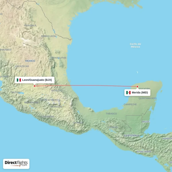 Leon/Guanajuato - Merida direct flight map