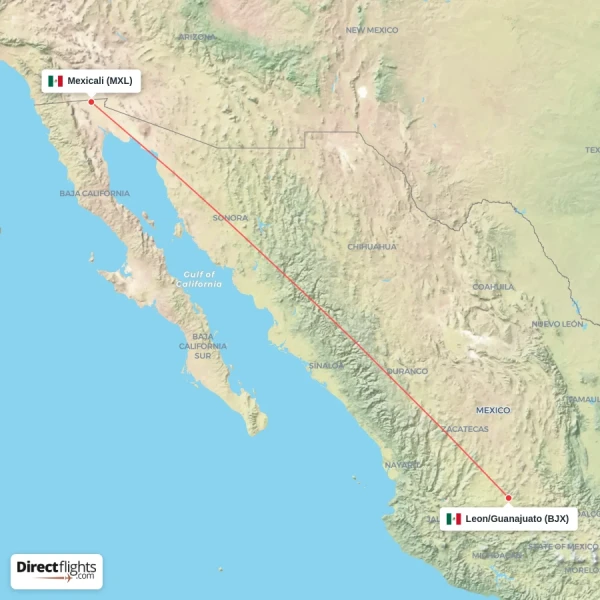 Leon/Guanajuato - Mexicali direct flight map
