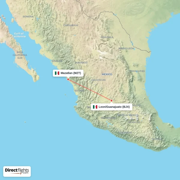 Leon/Guanajuato - Mazatlan direct flight map