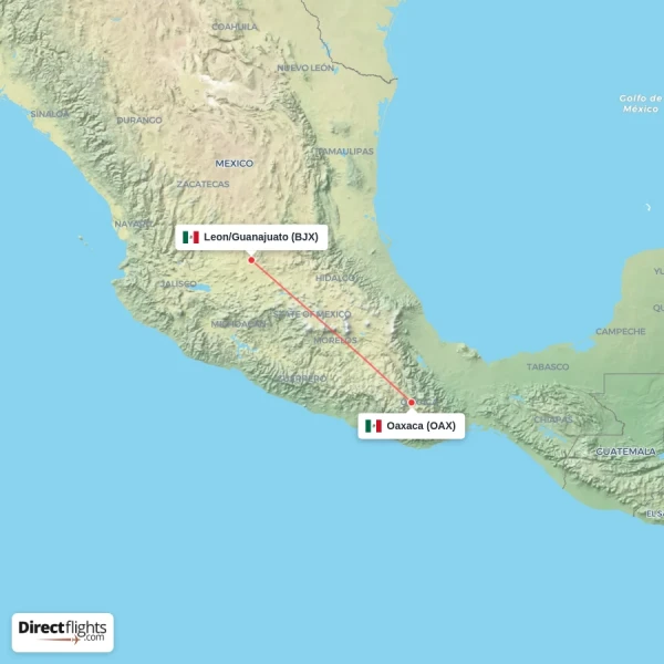Leon/Guanajuato - Oaxaca direct flight map