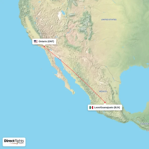 Leon/Guanajuato - Ontario direct flight map