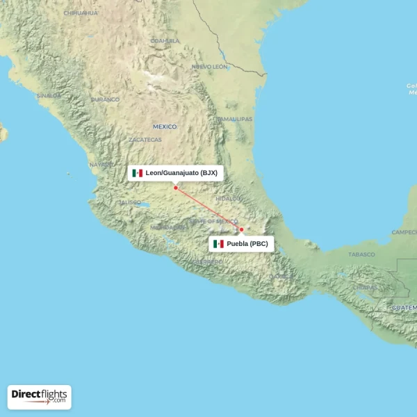 Leon/Guanajuato - Puebla direct flight map