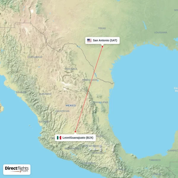 Leon/Guanajuato - San Antonio direct flight map
