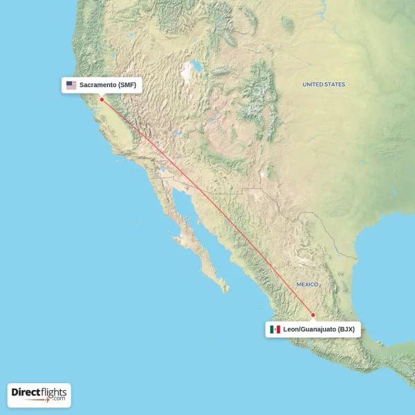 Leon/Guanajuato - Sacramento direct flight map