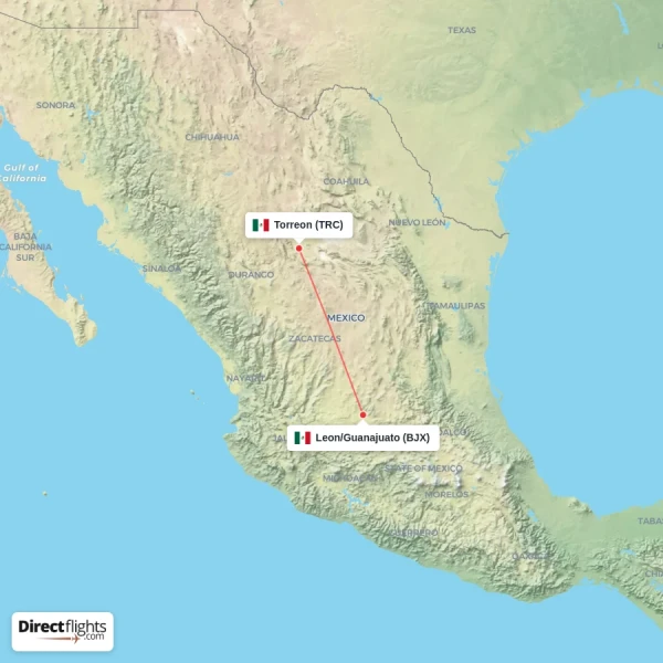 Leon/Guanajuato - Torreon direct flight map