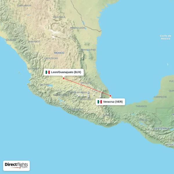 Leon/Guanajuato - Veracruz direct flight map