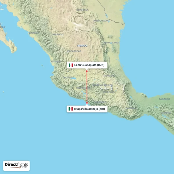 Leon/Guanajuato - Ixtapa/Zihuatanejo direct flight map