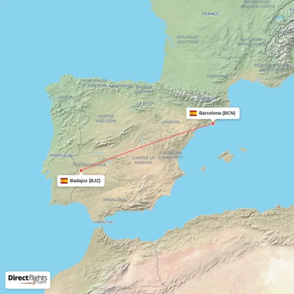 Badajoz - Barcelona direct flight map