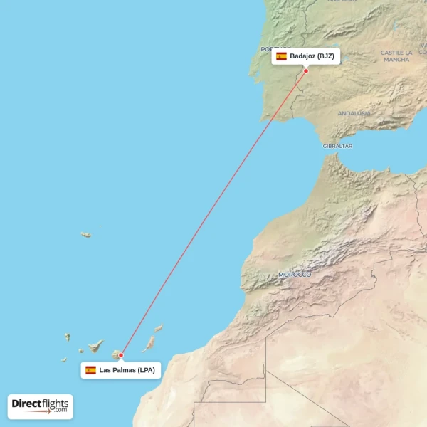 Badajoz - Las Palmas direct flight map