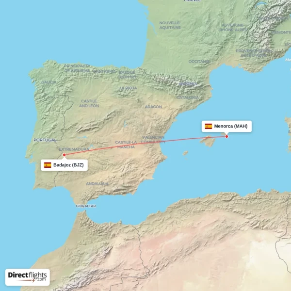 Badajoz - Menorca direct flight map