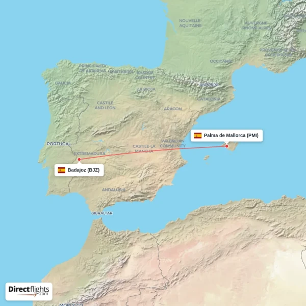 Badajoz - Palma de Mallorca direct flight map