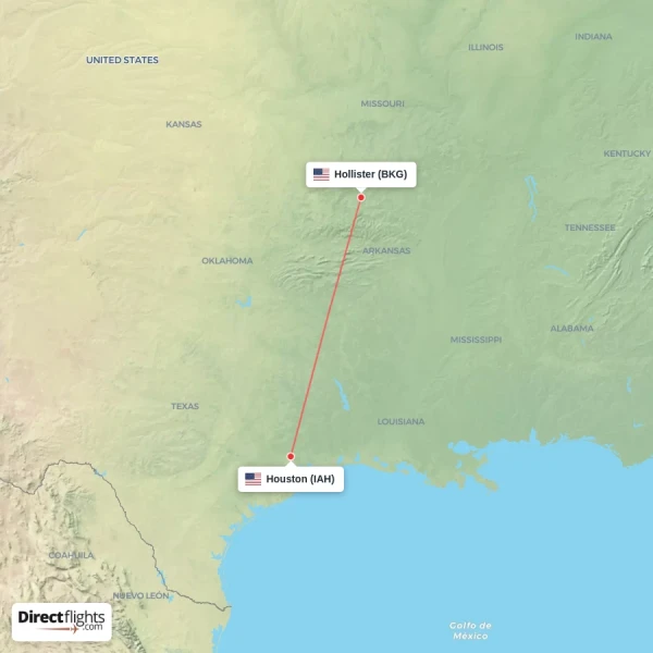 Hollister - Houston direct flight map
