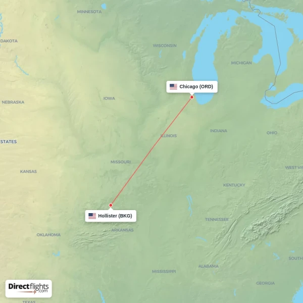 Hollister - Chicago direct flight map