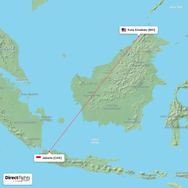 Kota Kinabalu - Jakarta direct flight map